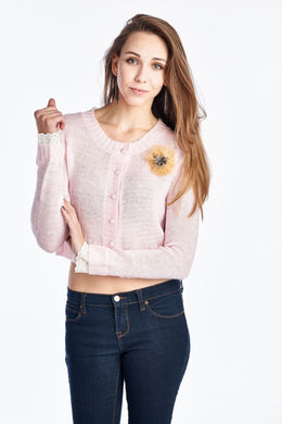 Urban Love Pearl Button Cropped Cardigan with Feather Flower Pendant - WholesaleClothingDeals - 1