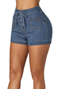 Blue Lace Up Front Cotton Jean Shorts