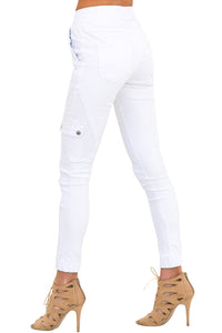 White Drawstring Ankle Pocket Denim Jeans