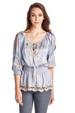 Urban Love Cold Shoulder Smocked Woven Top with Crochet Detail