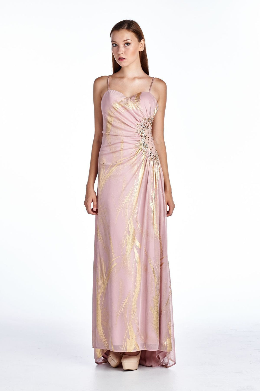 Ignite Mesh with Gold Foil Evening Gown 