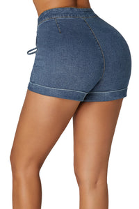 Blue Lace Up Front Cotton Jean Shorts