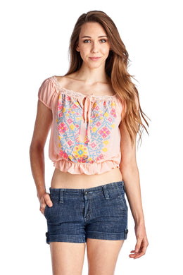 Urban Love Aztec Floral Embroidered Bell Sleeve Crop Top