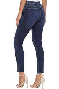 Silver Button Detail Dark Blue Wash Skinny Jeans