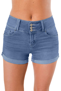 Light Blue Triple Button High Waisted Denim Shorts