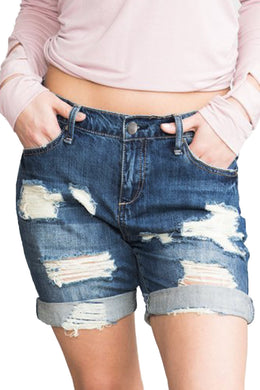 Dark Blue Denim Distressed Boyfriend Short