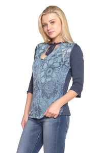 Women's Printed Tie-Neck Top with Solid Under Tank