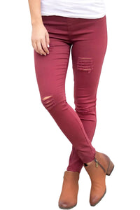 Burgundy Distressed Front Stretch Denim Pants