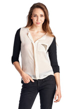 Urban Love Knit to Woven Colorblock Top with Pocket Heat Transfer