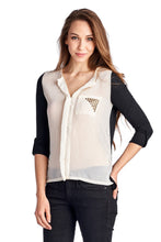 Urban Love Knit to Woven Colorblock Top with Pocket Heat Transfer