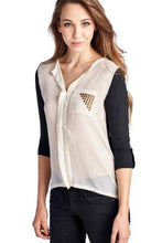 Urban Love Knit to Woven Colorblock Top with Pocket Heat Transfer