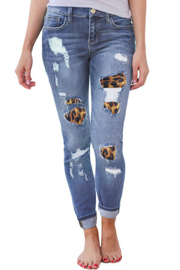 Leopard Patch Detail Blue Distressed Jeans