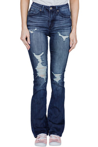 Dark Blue Ripped Denim Boot Cut Jeans