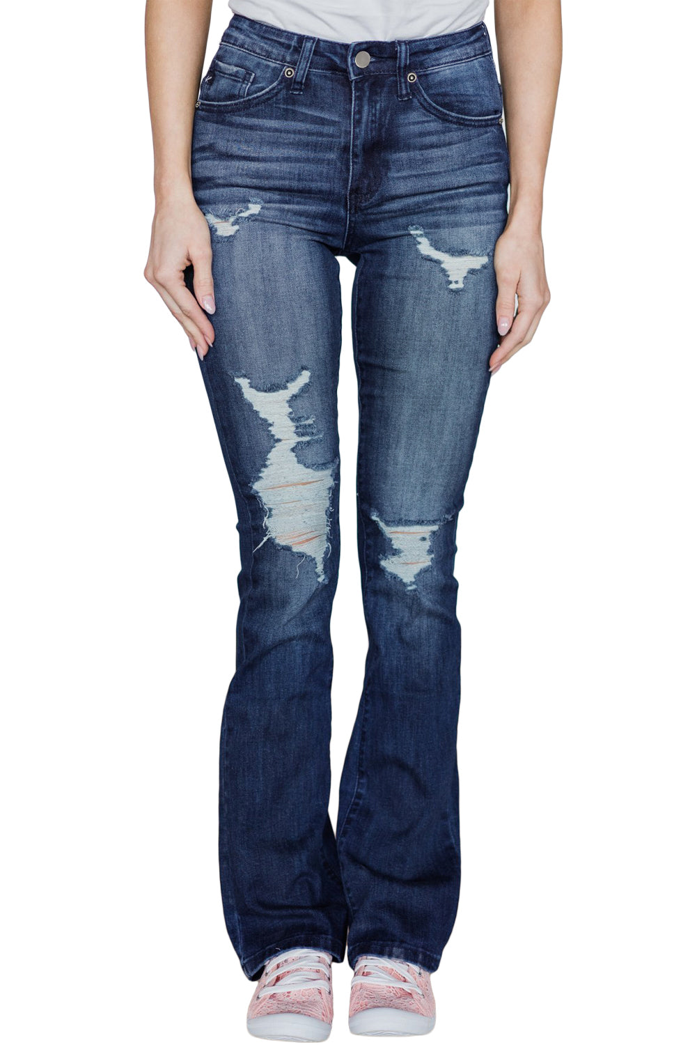 Dark Blue Ripped Denim Boot Cut Jeans