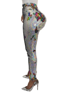 Silver High Waist Retro Sequin Leggings