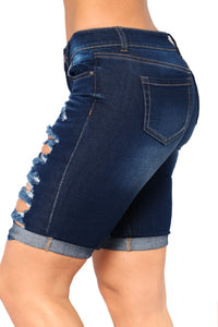 Dark Blue Denim Ripped Bermuda Shorts