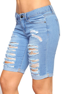 Light Blue Denim Ripped Bermuda Shorts