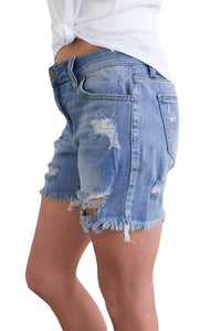 Wash Blue Denim Ripped Hole Distressed Shorts