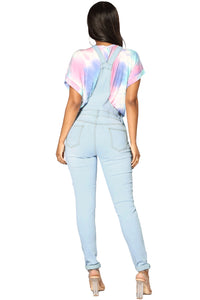 Light Blue Wash Knee Slit Denim Overalls