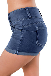 Blue Triple Button High Waisted Denim Shorts