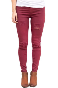 Burgundy Distressed Front Stretch Denim Pants