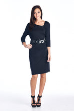 Sharagano Asymmetrical Neck 3/4 Sleeve Dress with Belt Trim - WholesaleClothingDeals - 1