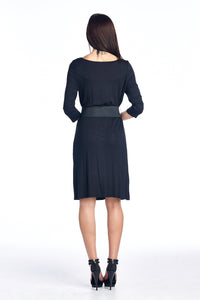 Sharagano Asymmetrical Neck 3/4 Sleeve Dress with Belt Trim - WholesaleClothingDeals - 3