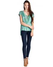 Christine V Teal Crochet Accent Split Back Top