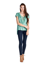Christine V Teal Crochet Accent Split Back Top