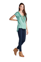 Christine V Teal Crochet Accent Split Back Top