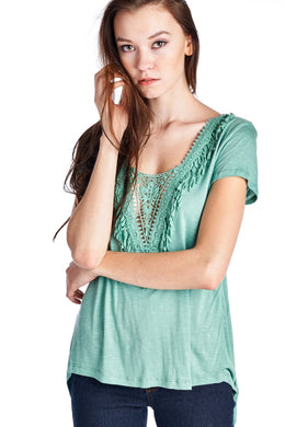 Christine V Teal Crochet Accent Split Back Top