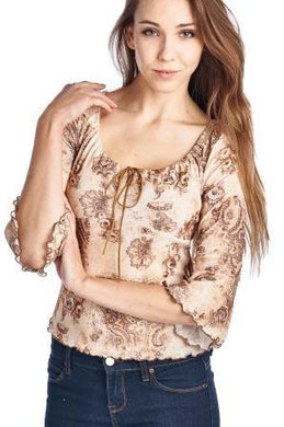 Urban Love 3/4 Sleeve Printed Top with Suede Ties - WholesaleClothingDeals - 1