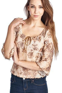 Urban Love 3/4 Sleeve Printed Top with Suede Ties - WholesaleClothingDeals - 1