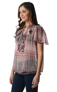 Christine V Printed Chiffon Smocked Waist Ruffle Top