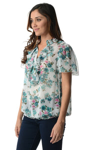 Christine V Printed Chiffon Smocked Waist Ruffle Top