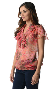 Christine V Printed Chiffon Smocked Waist Ruffle Top