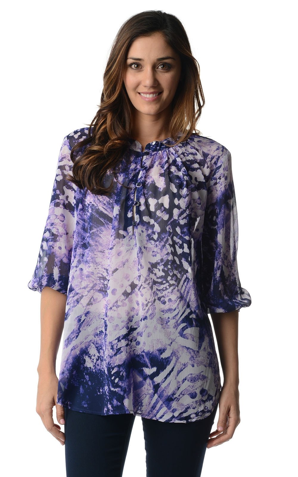 Christine V 3/4 Sleeve Printed Chiffon Button Top