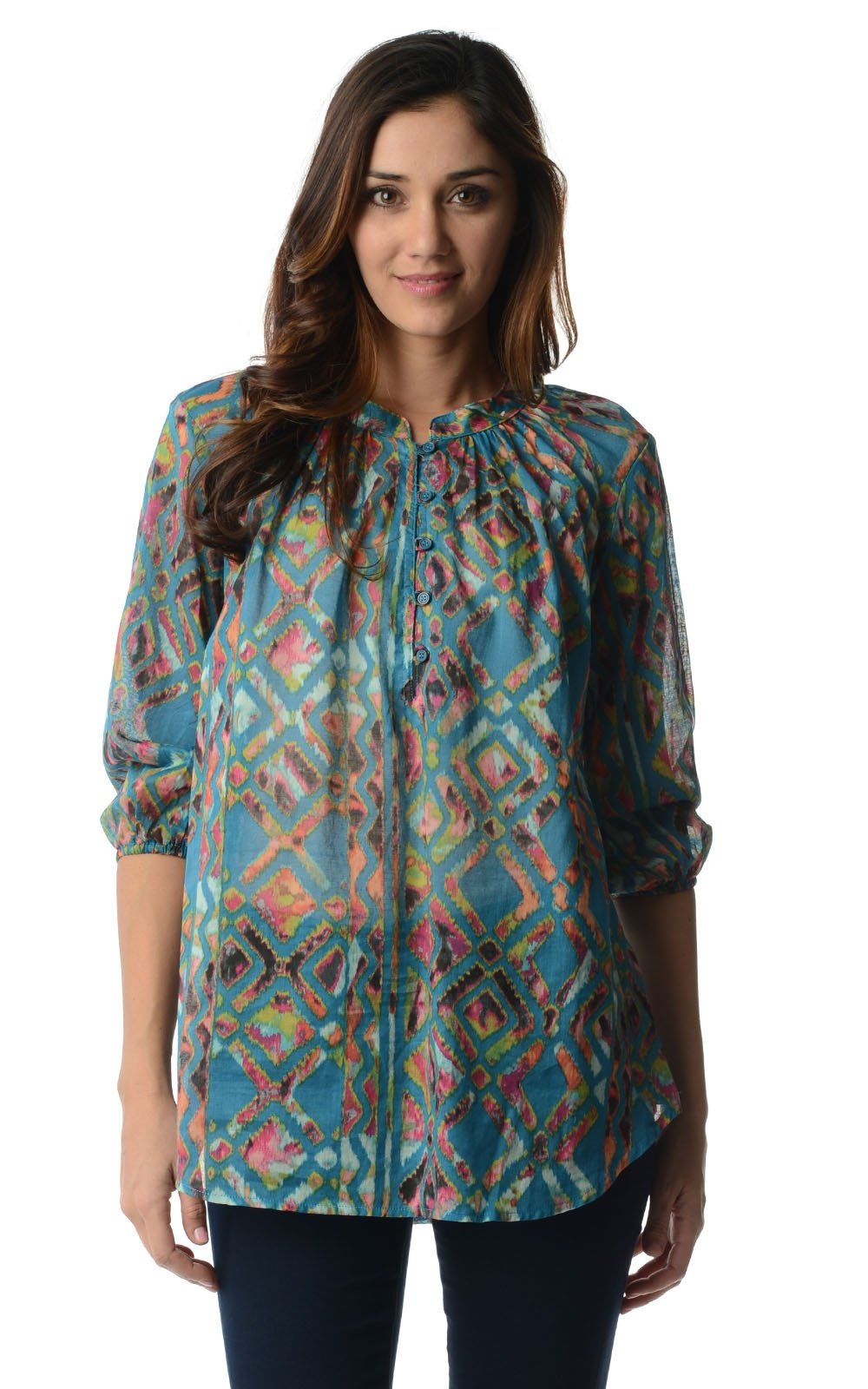 Christine V 3/4 Sleeve Printed Chiffon Button Top