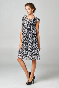 Christine V Printed Chiffon Blouson Dress with Neck Trim