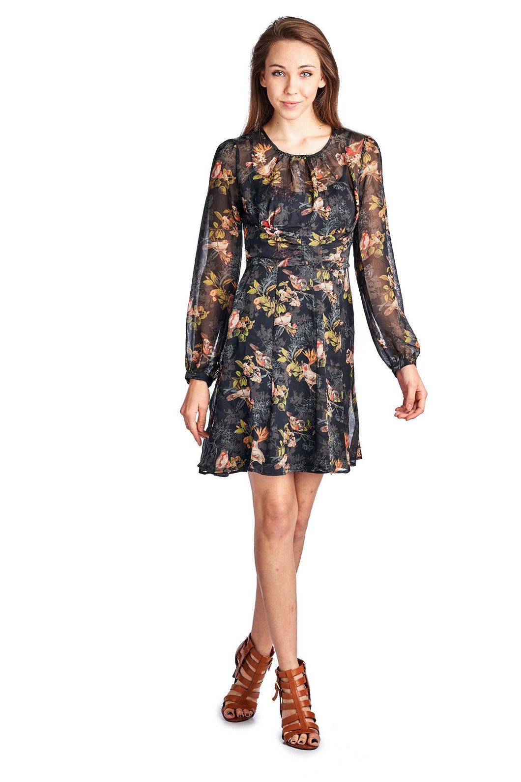 Urban Love Long Sleeve Printed Chiffon Lined Bird Floral Dress 