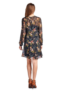 Urban Love Long Sleeve Printed Chiffon Lined Bird Floral Dress 