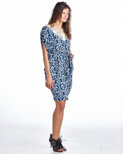 Marcelle Margaux Ikat Print Dress with Crochet Yoke Trim 