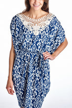 Marcelle Margaux Ikat Print Dress with Crochet Yoke Trim 