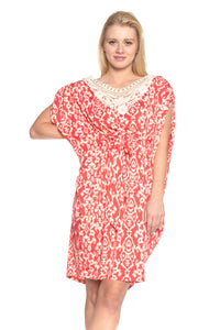 Women's Ikat Print Dress with Crochet Yoke Trim