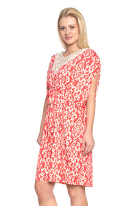 Women's Ikat Print Dress with Crochet Yoke Trim