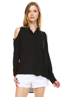 Urban Love Cut-out Shoulder Button Down Chiffon Top