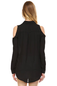 Urban Love Cut-out Shoulder Button Down Chiffon Top