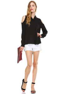 Urban Love Cut-out Shoulder Button Down Chiffon Top