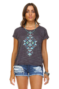 Christine V Aztec Printed Embroidery Trim Top -  - 1