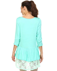 Urban Love 3/4 Sleeve Hi-Low Top with Lace Hem Detail